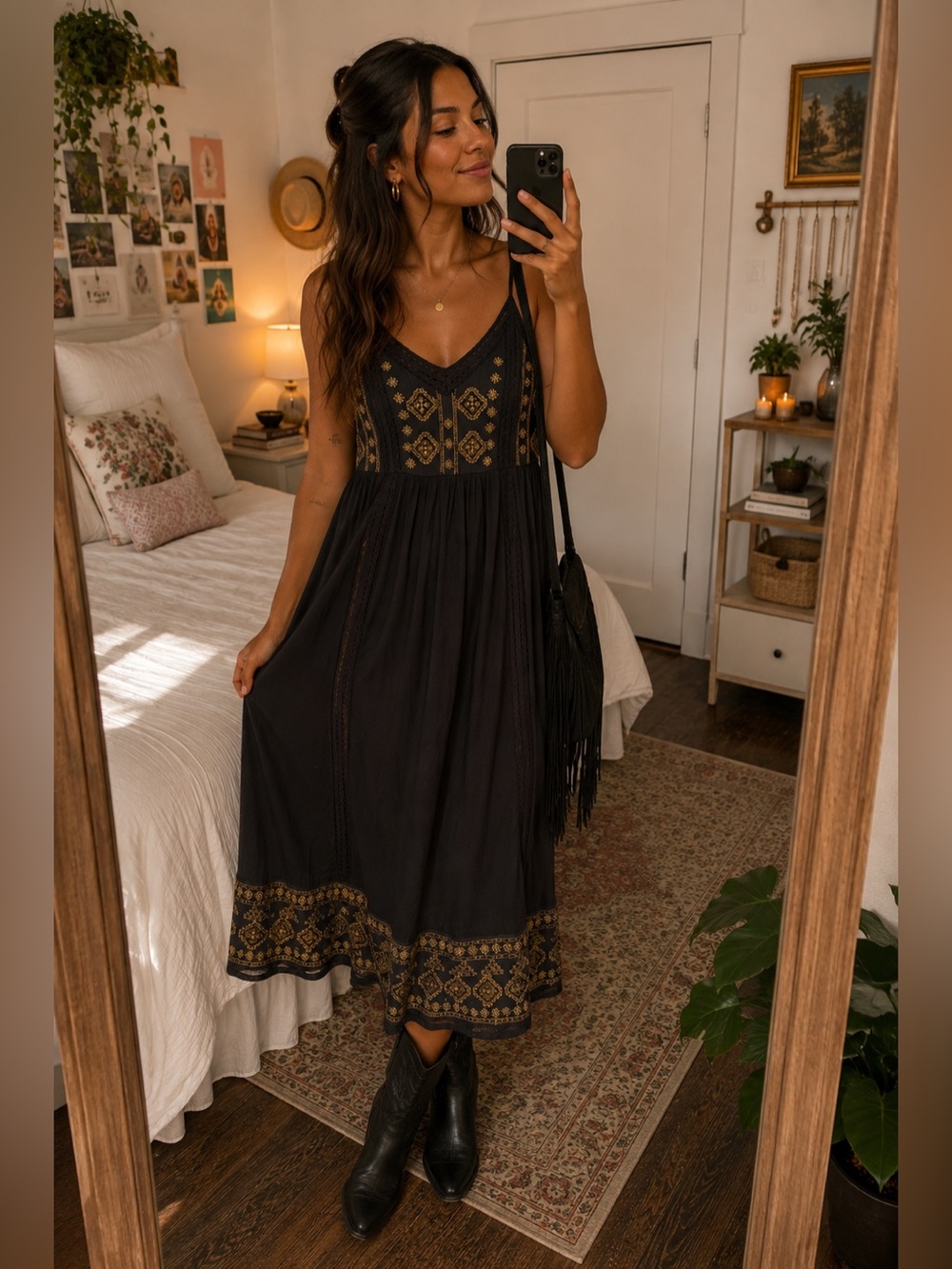 Lucky Brand Black Midi Dress with Gold Embroidery